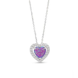 Lavender Lab-Created Opal & White Lab-Created Sapphire Heart Necklace Sterling Silver 18&quot;