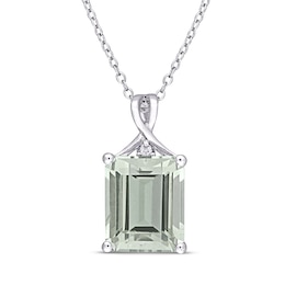 Green Quartz & White Topaz Necklace Octagon/Round-Cut Sterling Silver 18&quot;