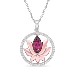 Garnet & White Lab-Created Sapphire Lotus Necklace Marquise/Round-Cut 10K Rose Gold/Sterling Silver 18&quot;