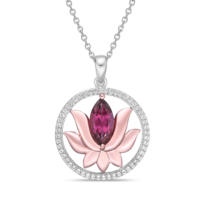 Main Image 1 of Garnet & White Lab-Created Sapphire Lotus Necklace Marquise/Round-Cut 10K Rose Gold/Sterling Silver 18&quot;