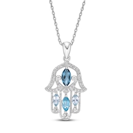 Blue Topaz & White Lab-Created Sapphire Hamsa Necklace Sterling Silver 18&quot;