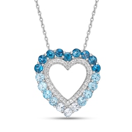 Vibrant Shades Blue Topaz & White Lab-Created Sapphire Heart Necklace Round-Cut Sterling Silver 18&quot;