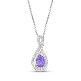 Lavender Lab-Created Opal & White Lab-Created Sapphire Necklace Pear/Round-Cut Sterling Silver 18&quot;