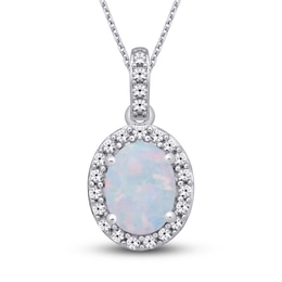 Lab-Created Opal & White Lab-Created Sapphire Necklace Sterling Silver 18&quot;