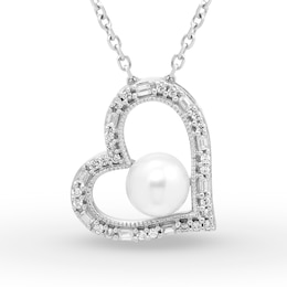 Neil Lane Diamond & Cultured Pearl Heart Necklace 1/10 ct tw Round/Baguette Sterling Silver 18&quot;