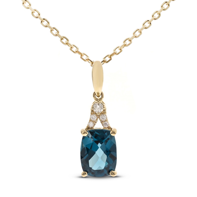 Main Image 1 of London Blue Topaz & Diamond Necklace 1/20 ct tw Cushion/Round-Cut 10K Yellow Gold 18&quot;