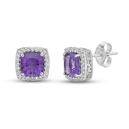 Luminous Cut Amethyst & White Topaz Halo Stud Earrings Sterling Silver