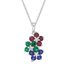 Lab-Created Ruby, Lab-Created Emerald, Blue & White Lab-Created Sapphire Necklace Sterling Silver 18&quot;