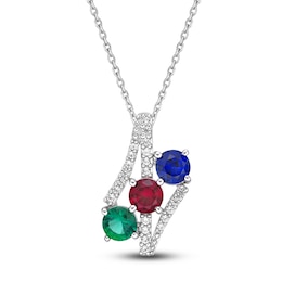 Lab-Created Ruby, Lab-Created Emerald, Blue & White Lab-Created Sapphire Necklace Sterling Silver 18&quot;