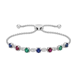Lab-Created Ruby, Lab-Created Emerald, Blue & White Lab-Created Sapphire Bolo Bracelet Sterling Silver 9.5&quot;