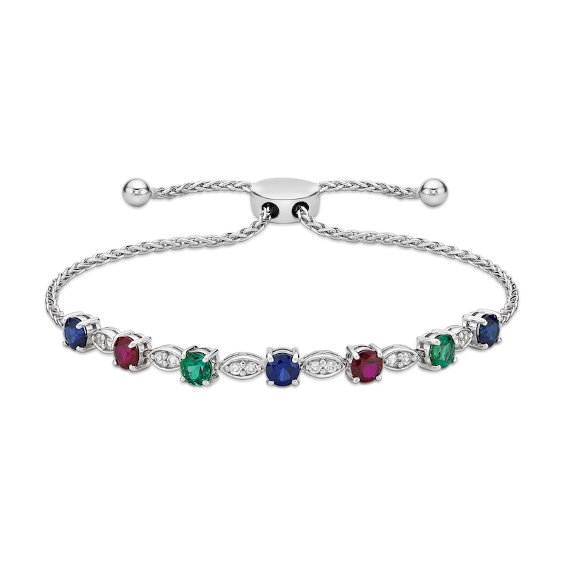 Lab-Created Ruby, Lab-Created Emerald, Blue & White Lab-Created Sapphire Bolo Bracelet Sterling Silver 9.5"