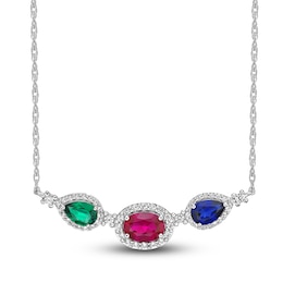 Lab-Created Ruby, Lab-Created Emerald, Blue & White Lab-Created Sapphire Necklace Sterling Silver 18&quot;