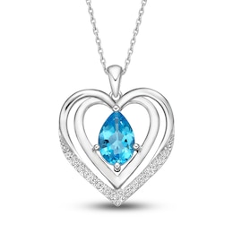 Swiss Blue Topaz & White Lab-Created Sapphire Heart Necklace Sterling Silver 18&quot;