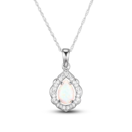 Lab-Created Opal & White Lab-Created Sapphire Necklace Sterling Silver 18&quot;