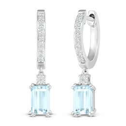 Aquamarine & White Lab-Created Sapphire Dangle Hoop Earrings Sterling Silver