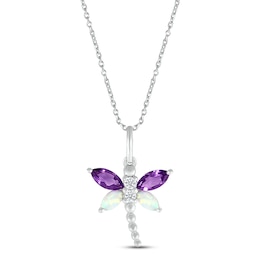 Amethyst, Lab-Created Opal & White Lab-Created Sapphire Dragonfly Necklace Sterling Silver 18&quot;