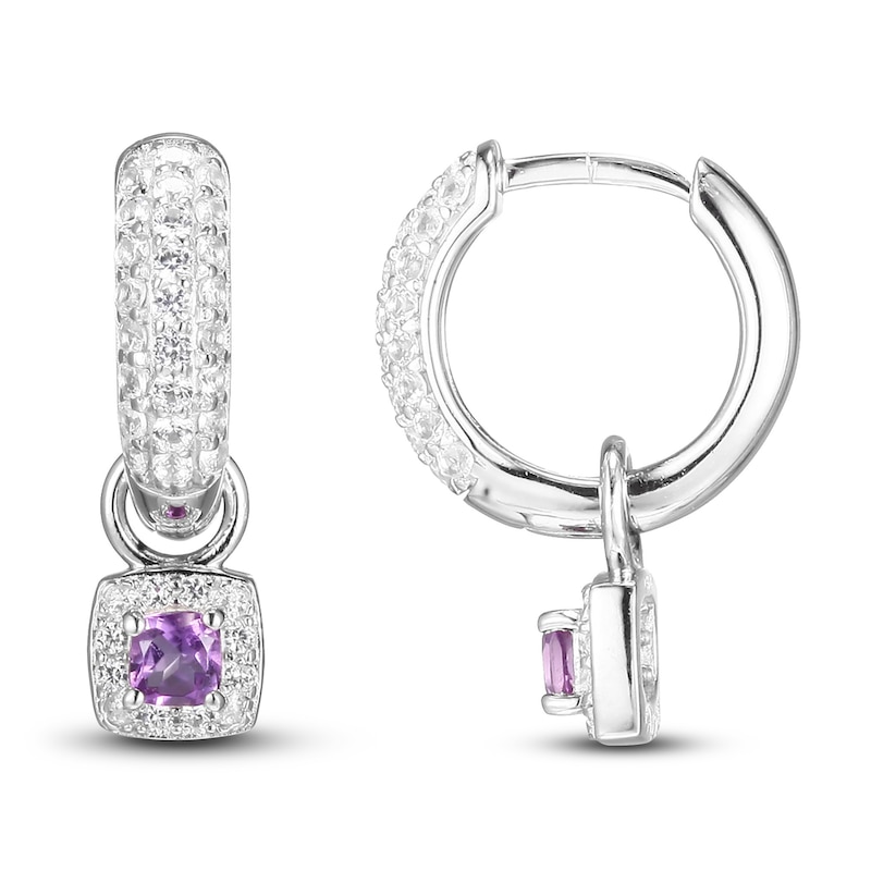 Main Image 2 of Amethyst, Aquamarine, Lab-Created Opal & White Lab-Created Sapphire Huggie Earrings Set Sterling Silver