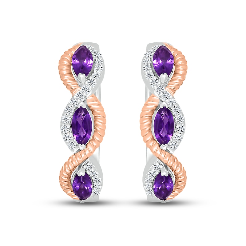 Main Image 2 of Amethyst & White Lab-Created Sapphire Rope Hoop Earrings Sterling Silver & 10K Rose Gold