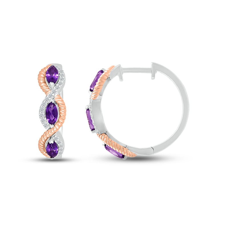 Main Image 3 of Amethyst & White Lab-Created Sapphire Rope Hoop Earrings Sterling Silver & 10K Rose Gold