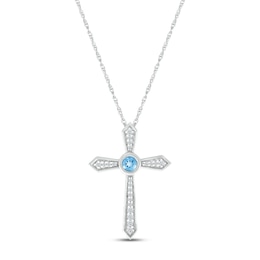 Blue Topaz & White Lab-Created Sapphire Bezel Cross Necklace Sterling Silver 18&quot;