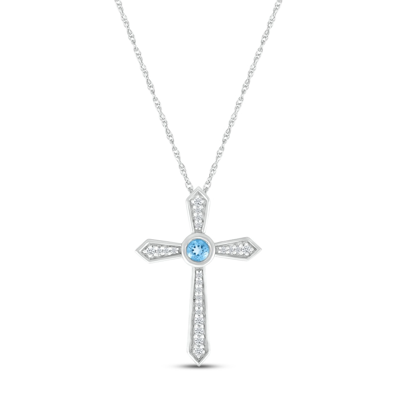 Blue Topaz & White Lab-Created Sapphire Bezel Cross Necklace Sterling Silver 18"