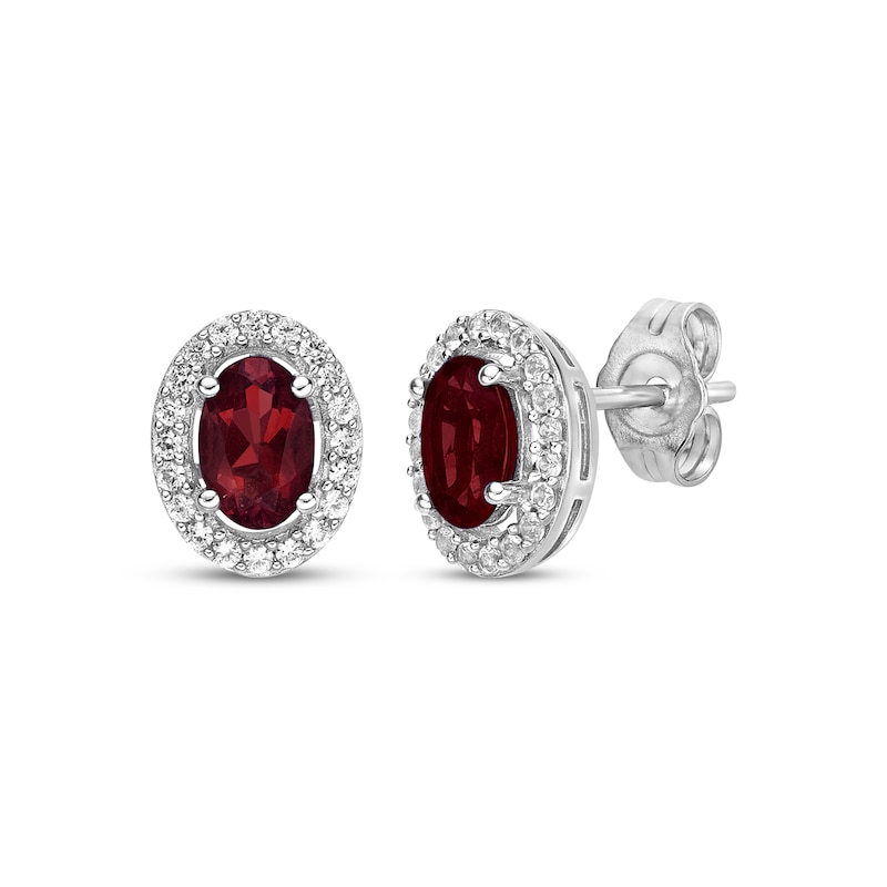 Main Image 1 of Oval-Cut Garnet & White Lab-Created Sapphire Halo Stud Earrings Sterling Silver