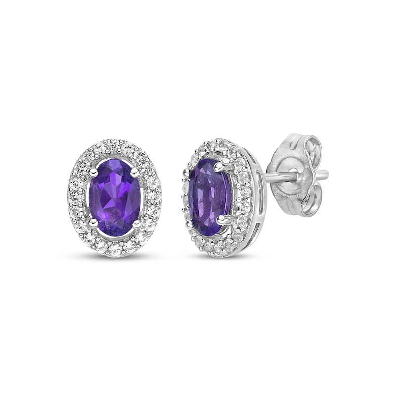 Main Image 1 of Oval-Cut Amethyst & White Lab-Created Sapphire Halo Stud Earrings Sterling Silver