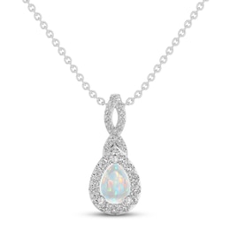 Lab-Created Opal & White Lab-Created Sapphire Necklace Sterling Silver 18&quot;