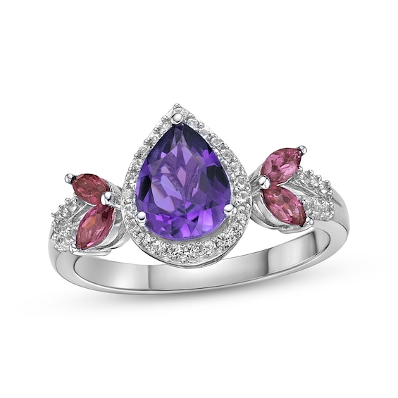 Amethyst, Rhodolite Garnet & White Lab-Created Sapphire Ring Sterling Silver