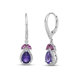 Amethyst, Rhodolite Garnet & White Lab-Created Sapphire Dangle Earrings Sterling Silver