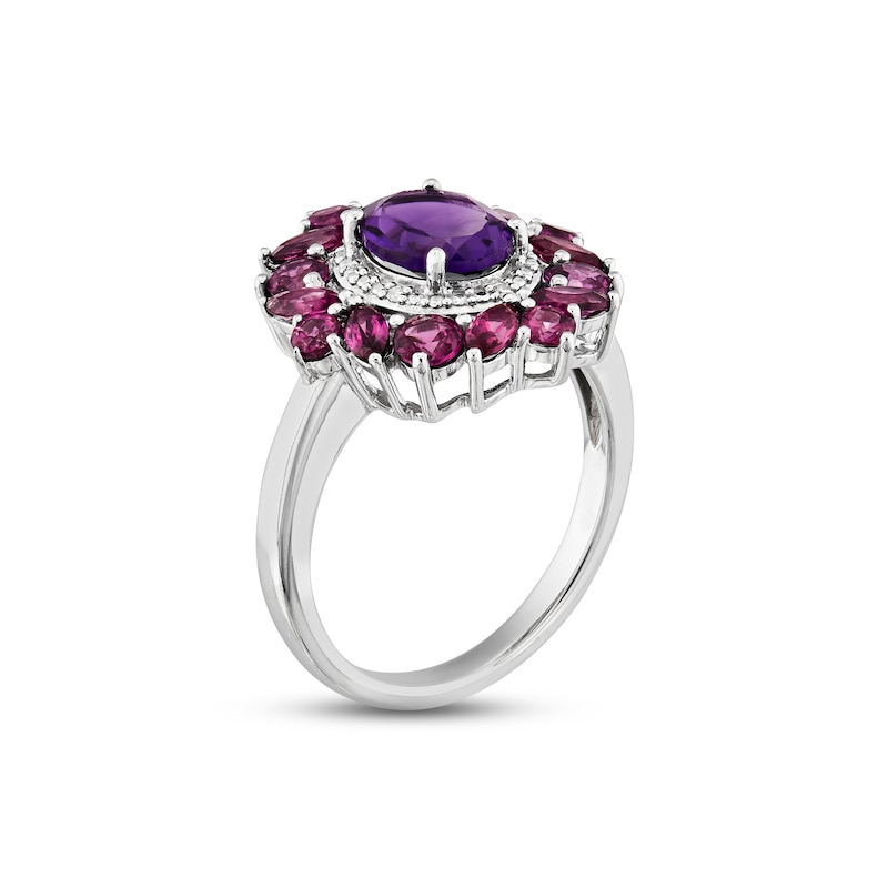 Amethyst, Rhodolite Garnet & Diamond Ring Sterling Silver