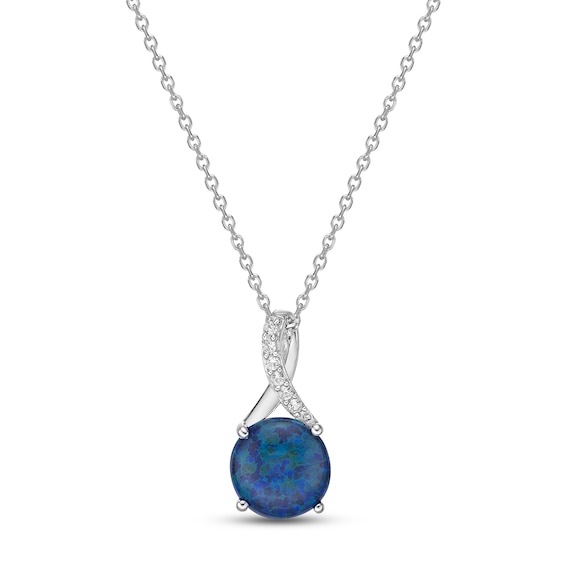Black Lab-Created Opal & White Lab-Created Sapphire Necklace Sterling Silver 18"