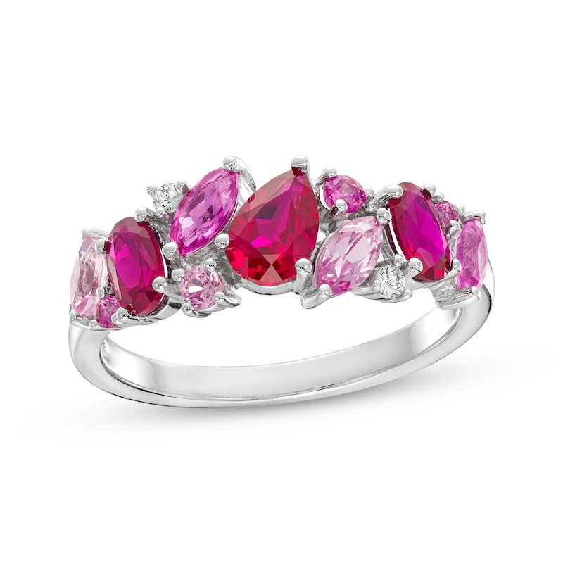 10K White Gold Multi-Birthstone Stacking Ring Charm with Pink Sapphire Stones