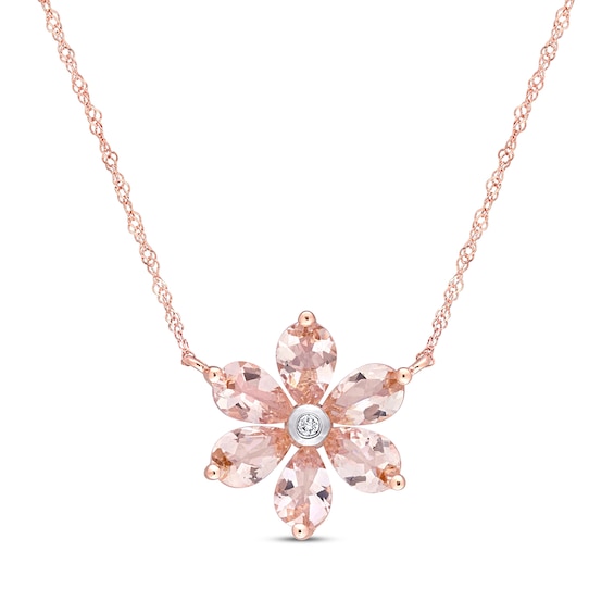 Morganite & Diamond Flower Necklace Pear/Round 10K Rose Gold 17"