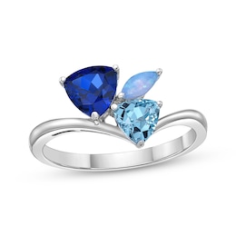 Multi-Shape Ceylon Lab-Created Sapphire, Blue Topaz & Blue Lab-Created Opal Ring Sterling Silver