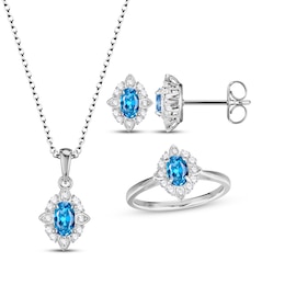 Oval-Cut Swiss Blue Topaz & White Lab-Created Sapphire Scalloped Frame Gift Set Sterling Silver