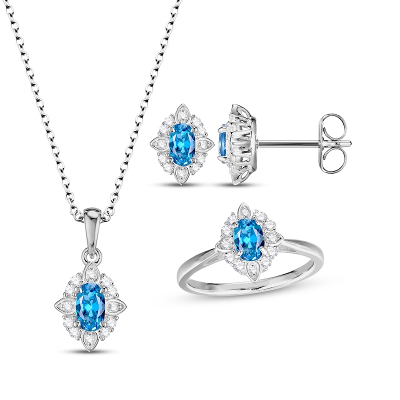 Main Image 1 of Oval-Cut Swiss Blue Topaz & White Lab-Created Sapphire Scalloped Frame Gift Set Sterling Silver