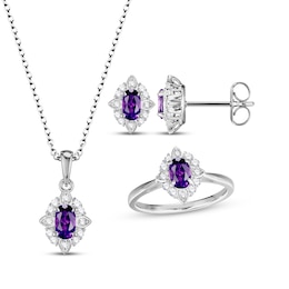 Oval-Cut Amethyst & White Lab-Created Sapphire Scalloped Frame Gift Set Sterling Silver