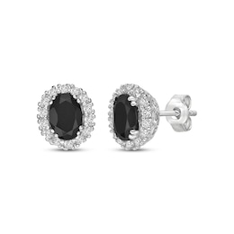 Oval-Cut Black Onyx & White Lab-Created Sapphire Stud Earrings Sterling Silver