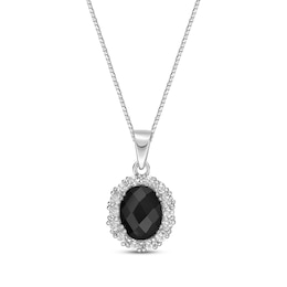 Oval-Cut Black Onyx & White Lab-Created Sapphire Necklace Sterling Silver 18&quot;