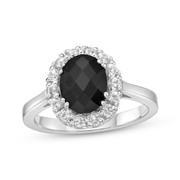 Oval-Cut Black Onyx & White Lab-Created Sapphire Ring Sterling Silver