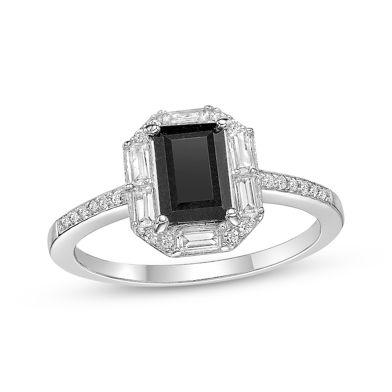 Main Image 1 of Rectangle-Cut Black Onyx & White Lab-Created Sapphire Ring Sterling Silver