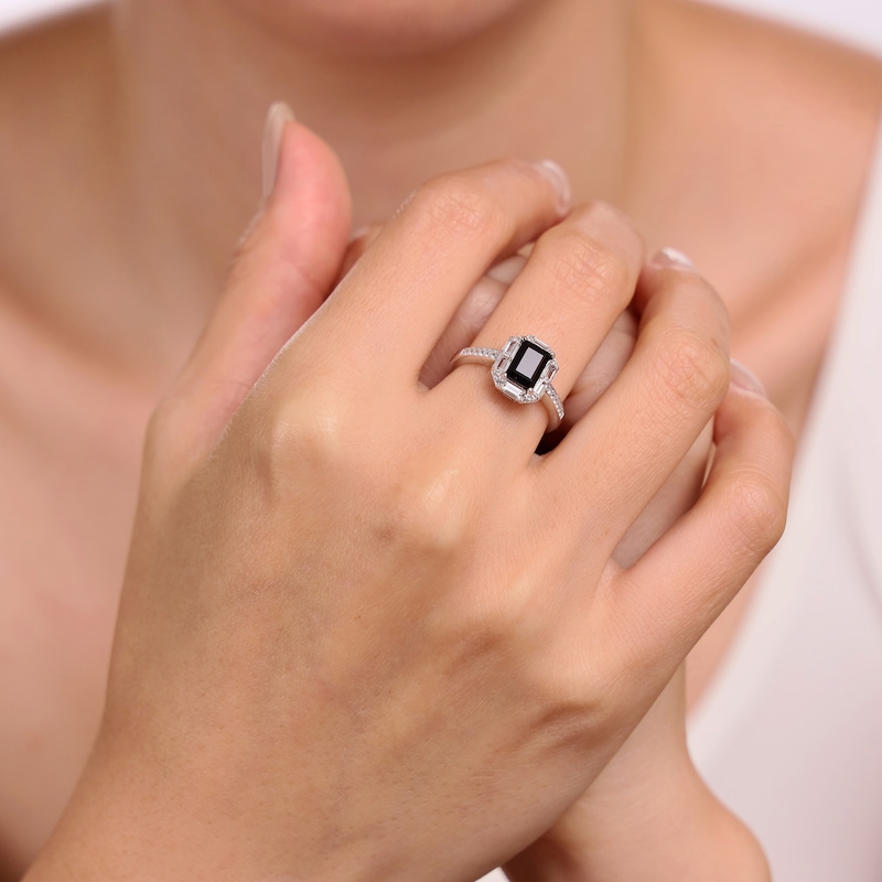 Main Image 5 of Rectangle-Cut Black Onyx & White Lab-Created Sapphire Ring Sterling Silver