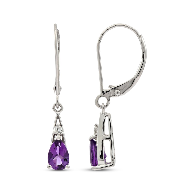 Main Image 1 of Pear-Shaped Amethyst & Round-Cut Diamond Drop Earrings 1/20 ct tw 10K White Gold