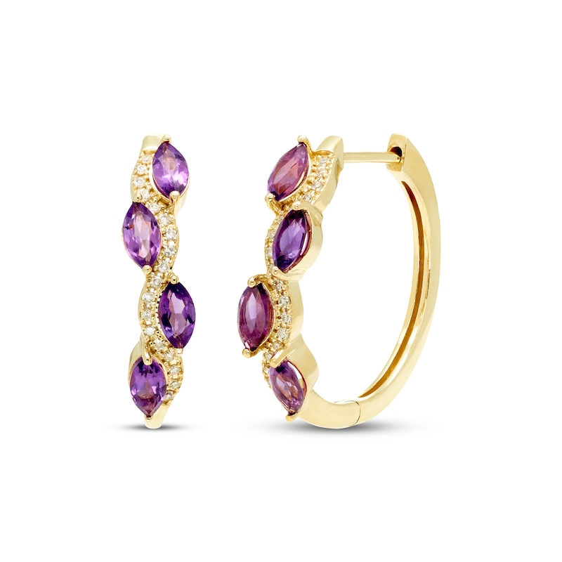 Main Image 1 of Marquise-Cut Amethyst & Diamond Hoop Earrings 1/10 ct tw 10K Yellow Gold