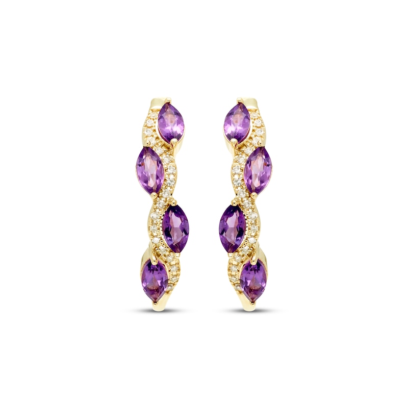 Main Image 2 of Marquise-Cut Amethyst & Diamond Hoop Earrings 1/10 ct tw 10K Yellow Gold