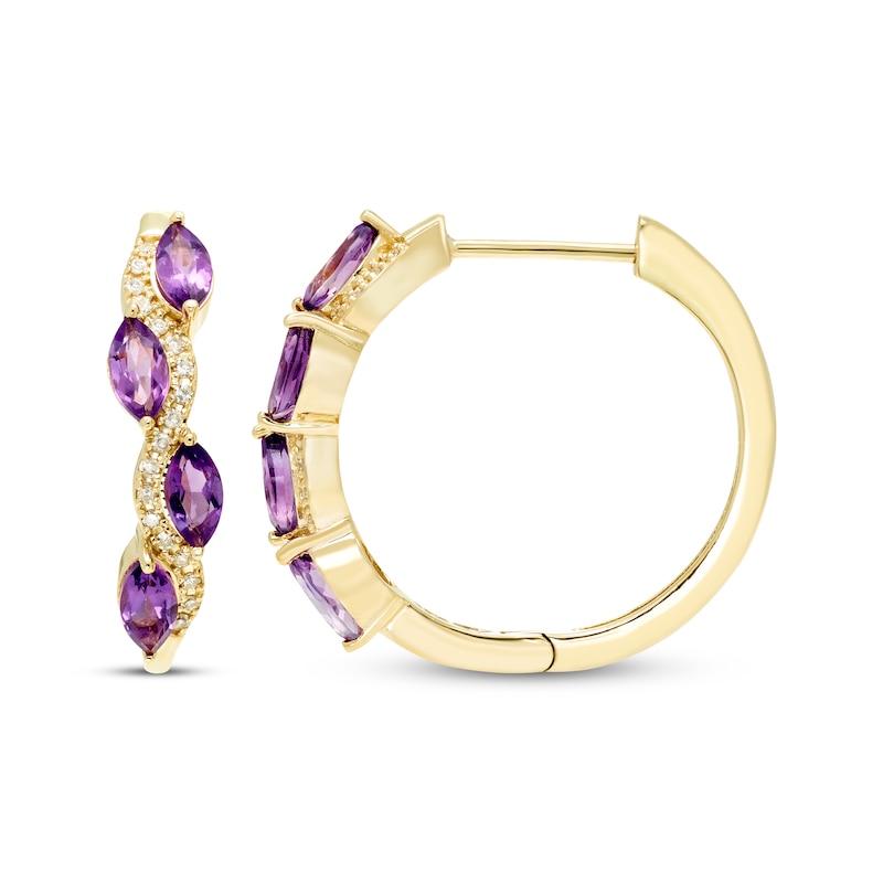 Main Image 3 of Marquise-Cut Amethyst & Diamond Hoop Earrings 1/10 ct tw 10K Yellow Gold