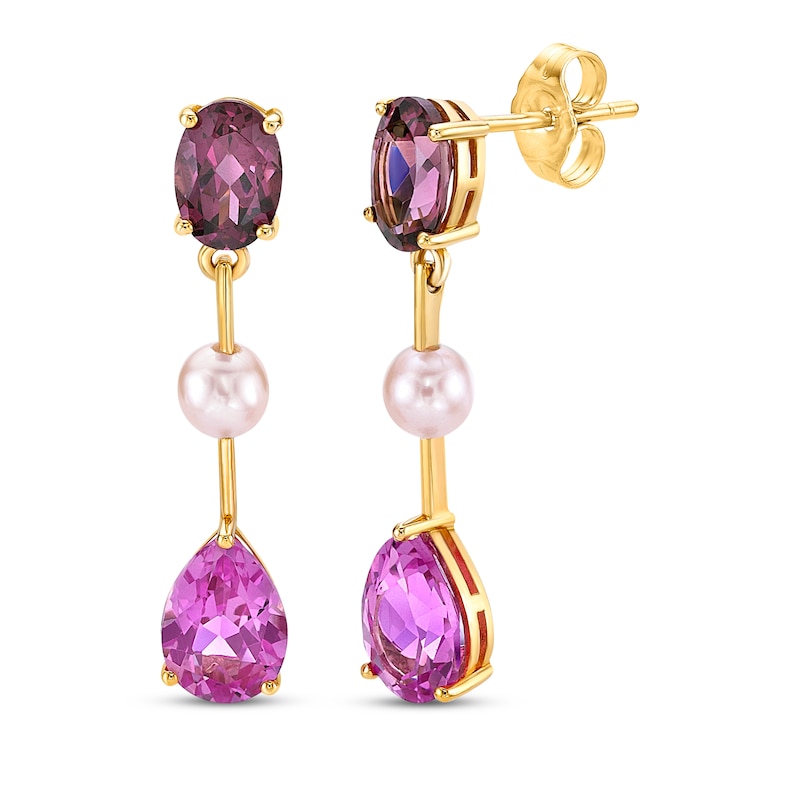 Main Image 1 of Oval-Cut Rhodolite Garnet, Pink Cultured Pearl & Pear-Shaped Pink Lab-Created Sapphire Drop Earrings 10K Yellow Gold