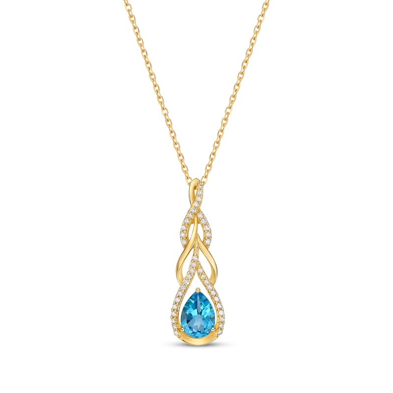 Main Image 1 of Pear-Shaped Swiss Blue Topaz & Round-Cut Diamond Teardrop Twist Necklace 1/5 ct tw 10K Yellow Gold 18”