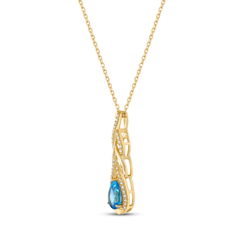 Main Image 2 of Pear-Shaped Swiss Blue Topaz & Round-Cut Diamond Teardrop Twist Necklace 1/5 ct tw 10K Yellow Gold 18”